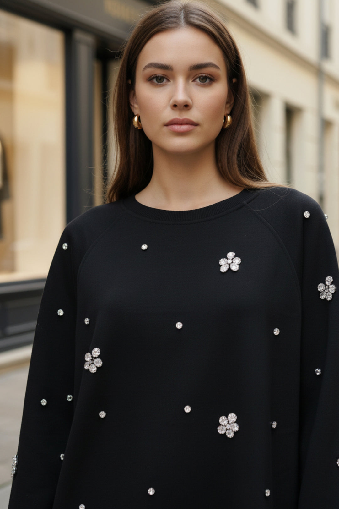 Black Rhinestone Oversized Sweatshirt