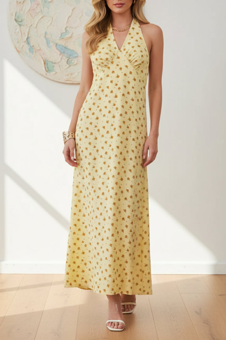 Yellow Floral Halter Neck Maxi Dress