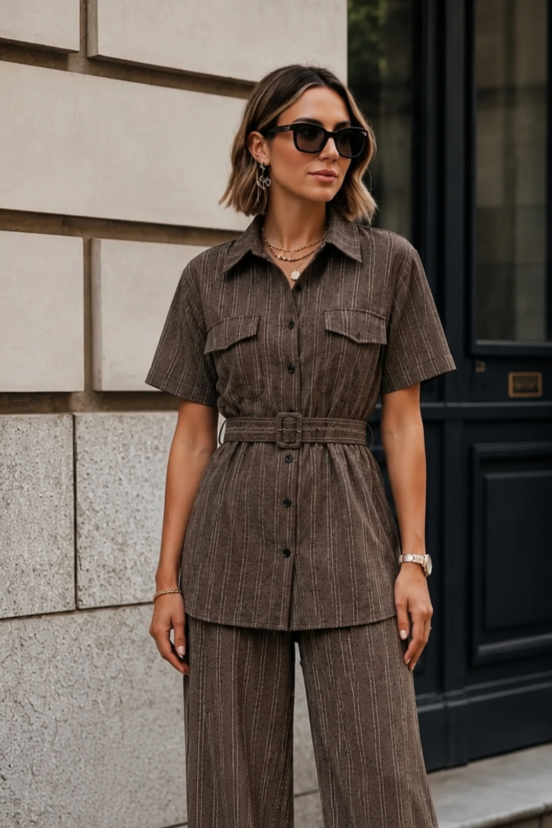 Brown Stripe Utility Belted Co-ord Set
