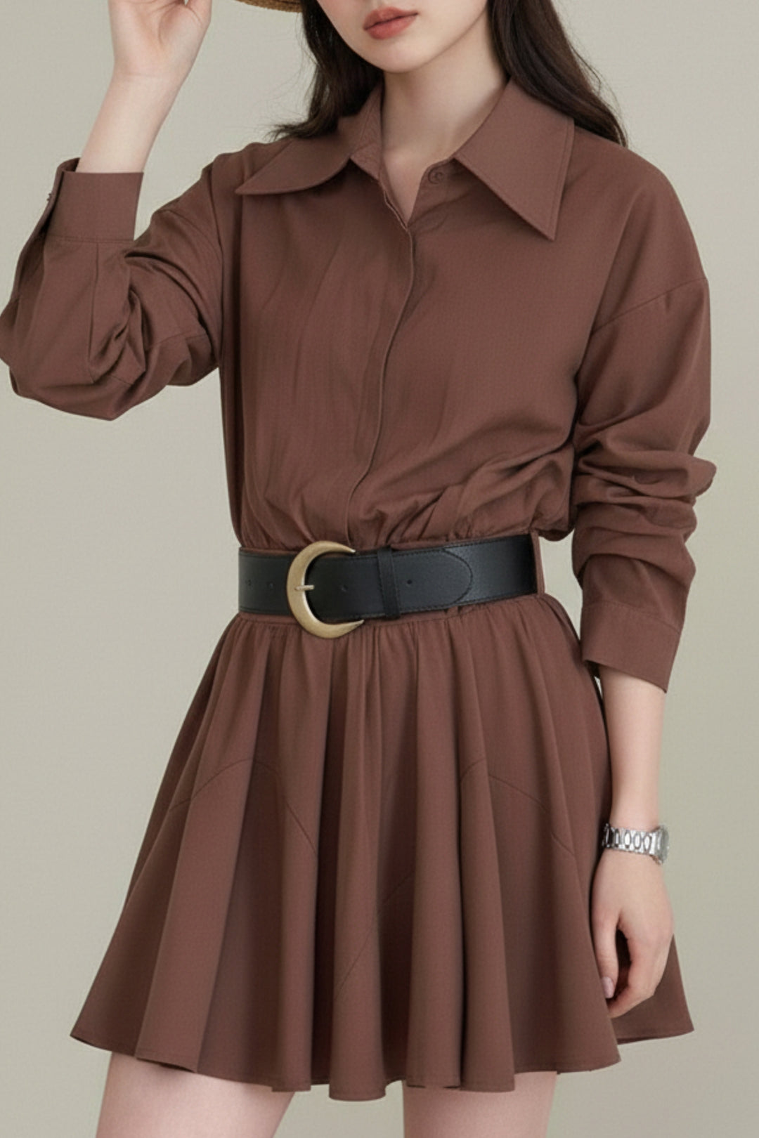 Cocoa Belted Mustard Overlay Shirt Dress