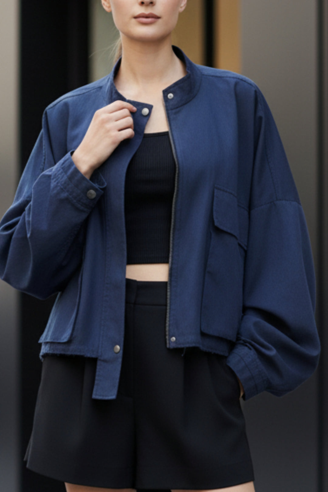 Dapper Navy Oversized Cropped Jacket