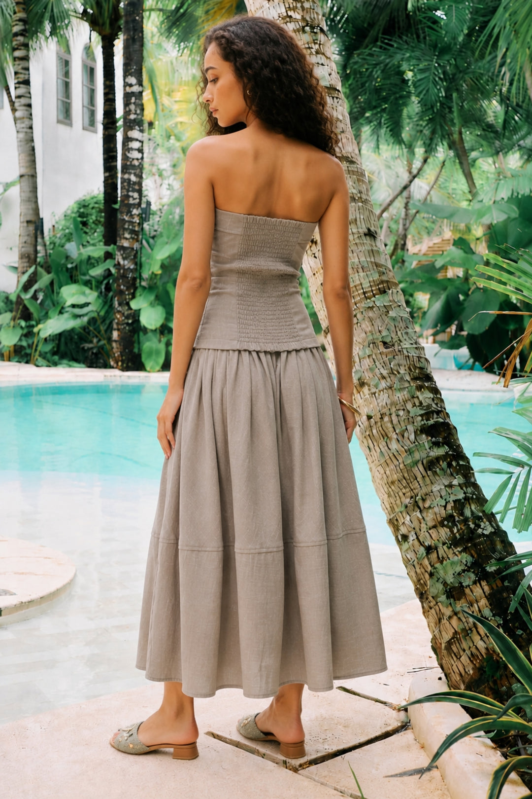 Beige Bandeau Linen Top & Skirt Set