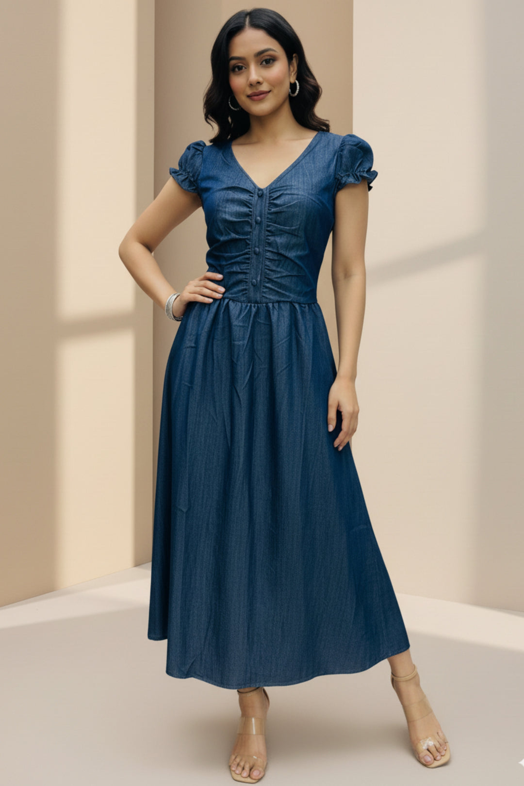 Cotton Denim V-Neck Puff Sleeve Dress