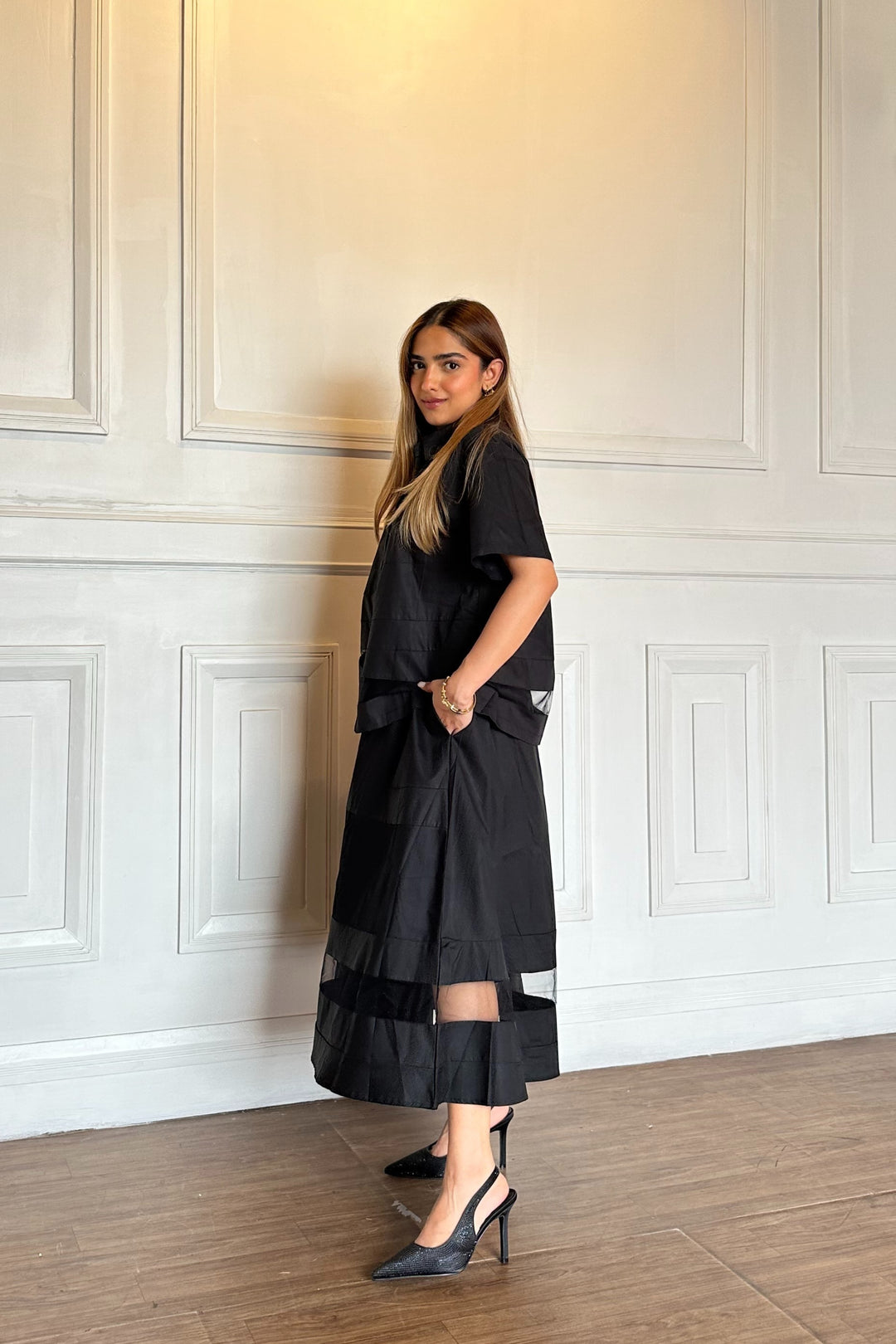 Cotton Black Shirt Skirt Coord Set