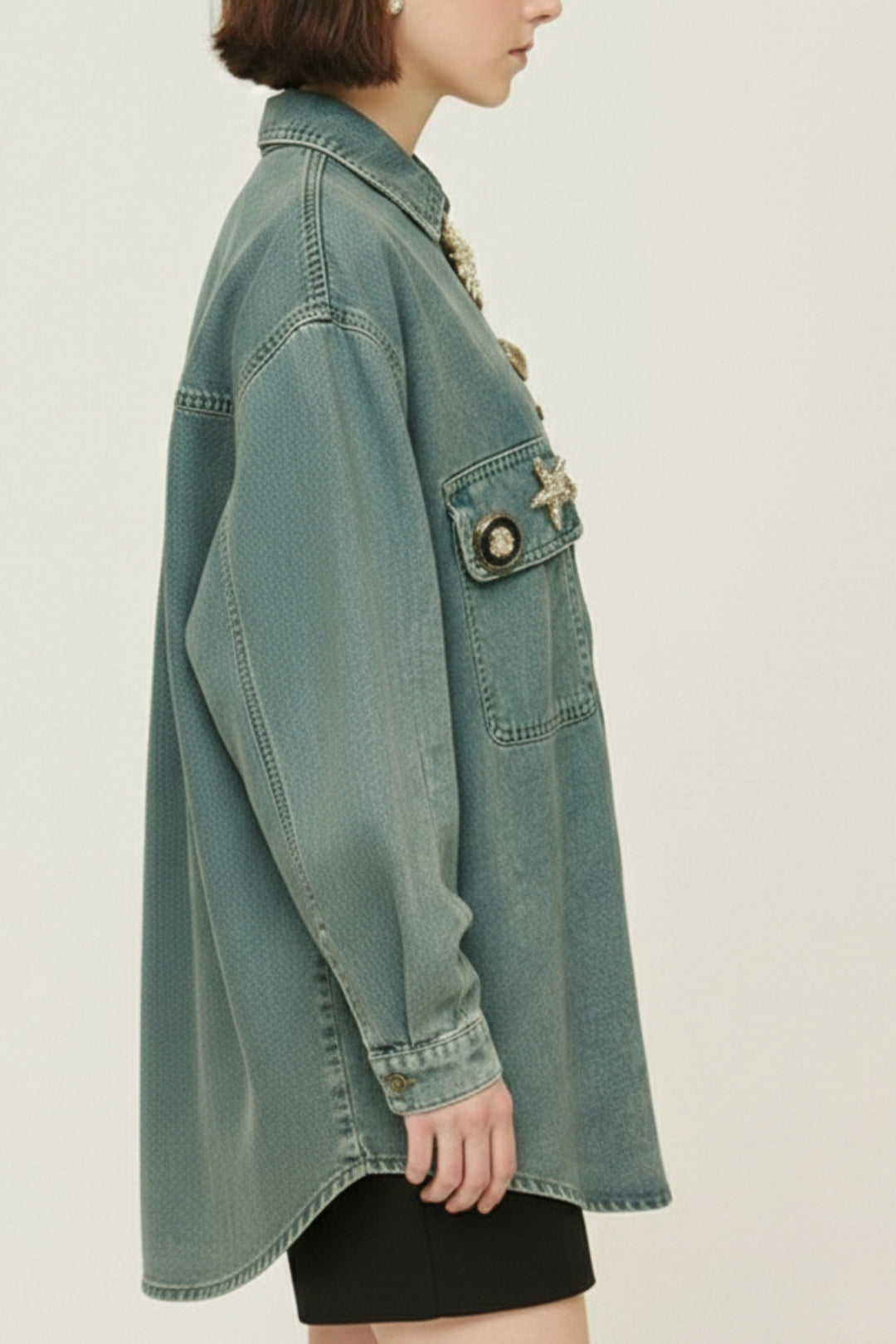 Sage Green Celestial Patch Denim Shirt