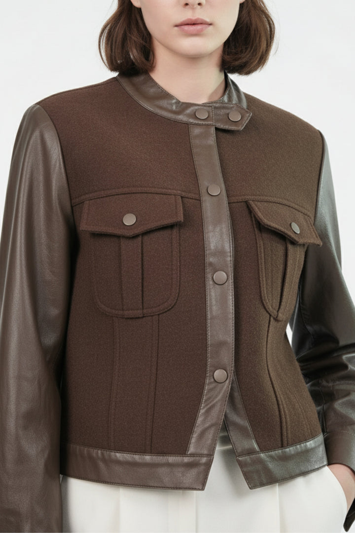 Brown Woolen Jacket With Leather Sleeves