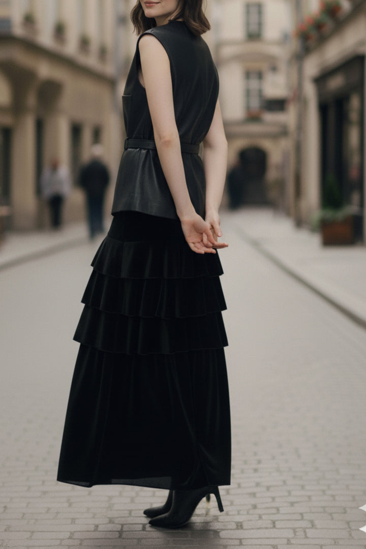 Noir Luxe Leather & Velvet Skirt Co-ord Set