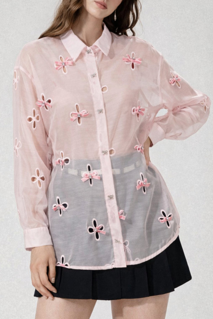 Pink Ribbon Cutwork Sheer Shirt