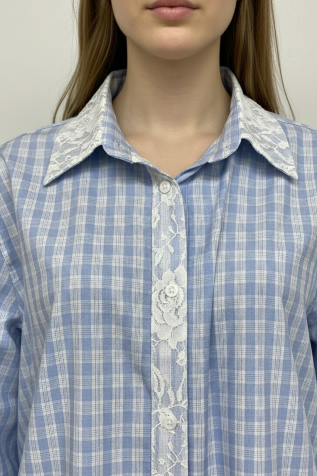 Powder Blue Check Floral Lace Shirt