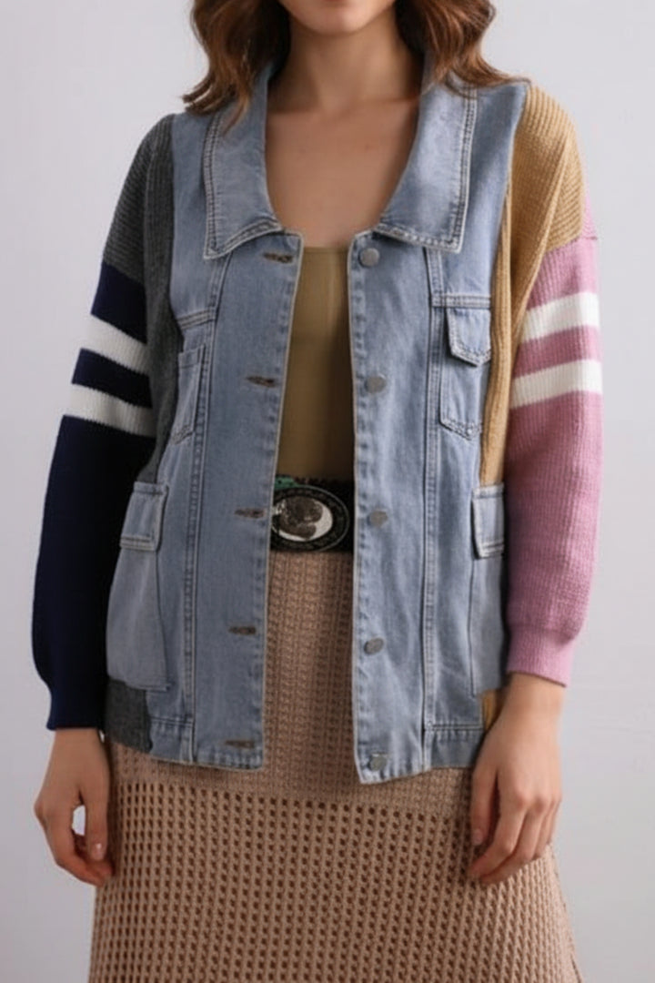 Colorblock Knit Sleeve Denim Shacket