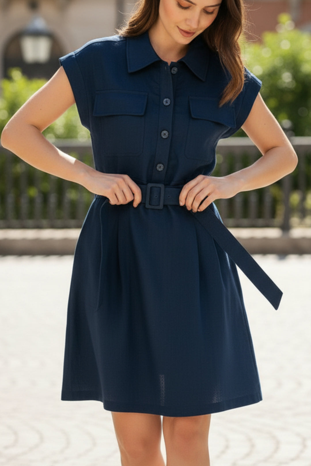 Navy Blue Utility Belted Dress