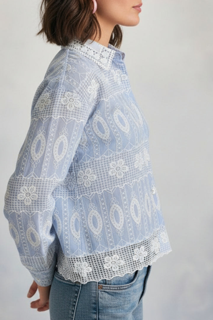 Ice Blue White Embroidered Shirt
