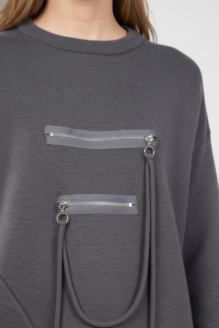 Slate Grey Zipline Geometrical  Sweater