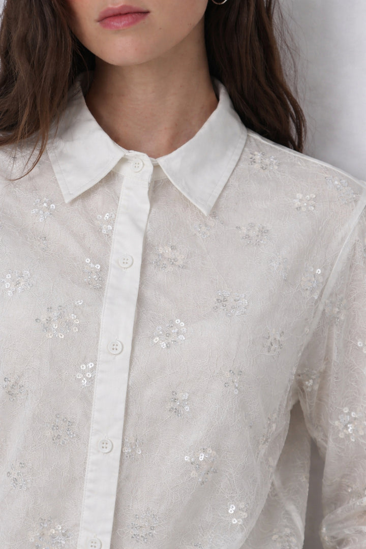 White Mesh Sequin Layered Shirt