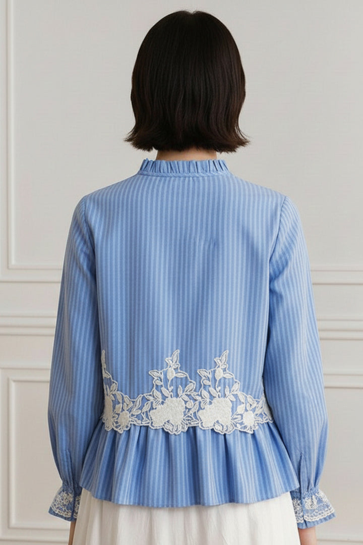 Powder Blue Striped Lace Peplum Shirt