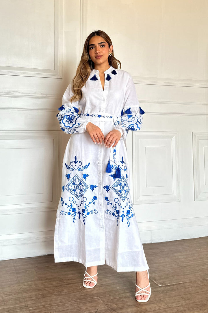 White Embroidered Cotton Dress With Tassels