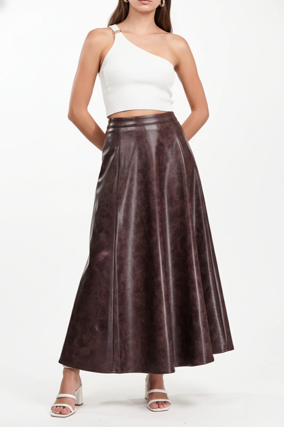 Burnt Umber Flared Leather Skirt