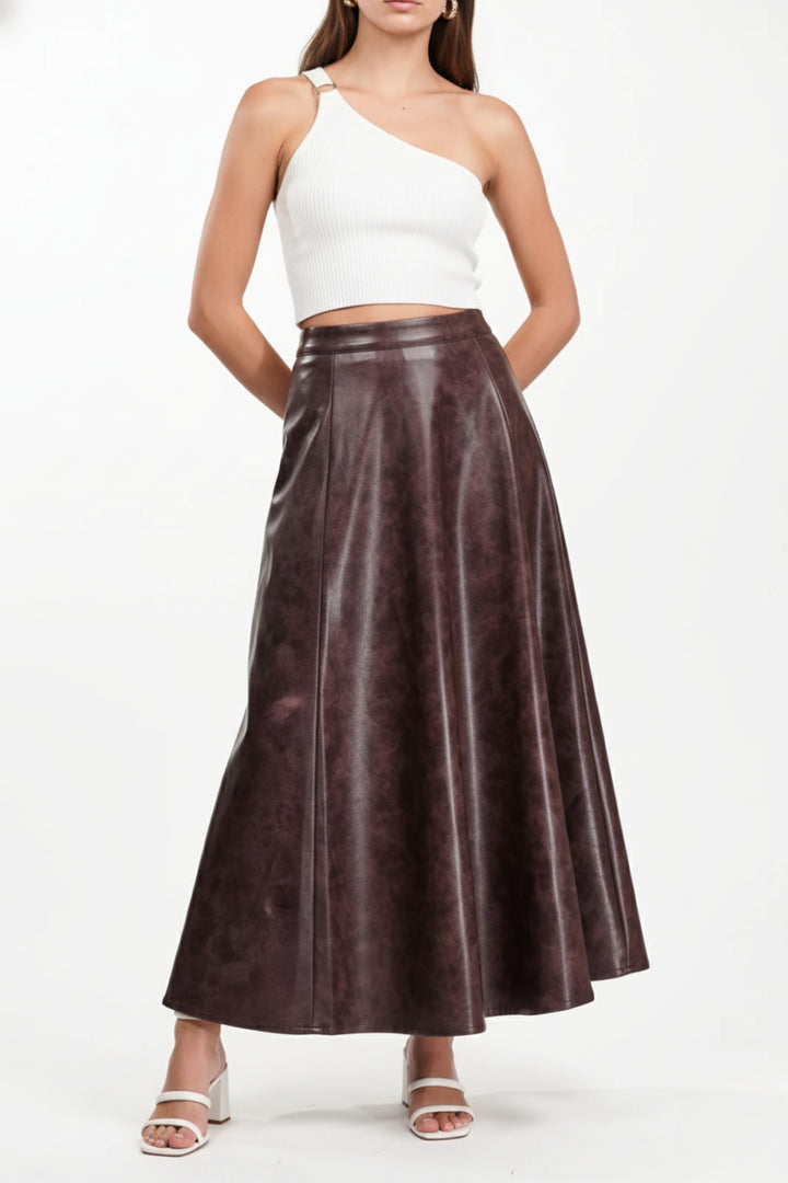 Burnt Umber Flared Leather Skirt