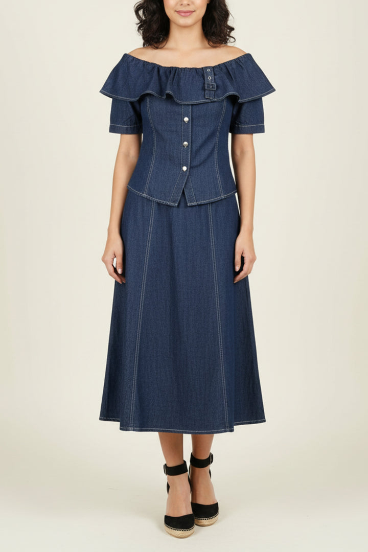 Off-Shoulder Denim Skirt Co-ord Set