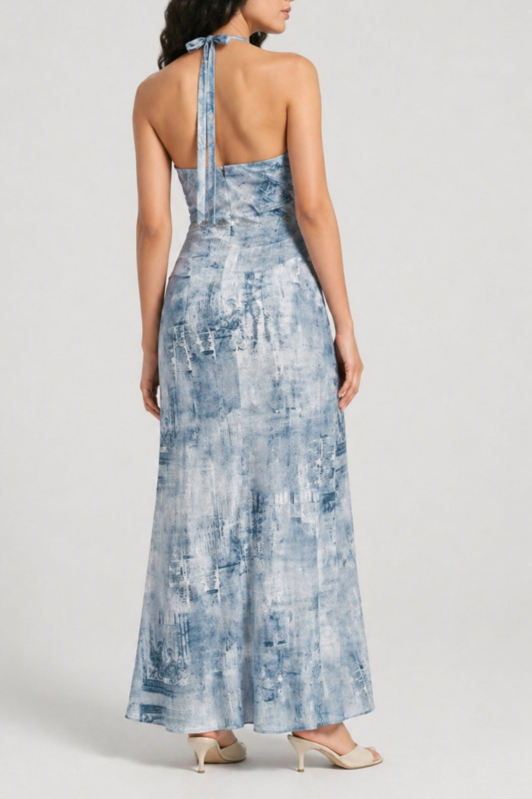 Spring Blue Printed Cowl Slip Dress