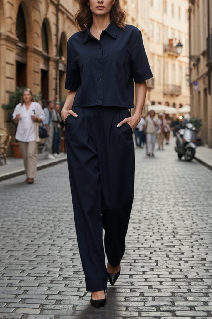 Blue Crop Shirt And Pant Coord Set