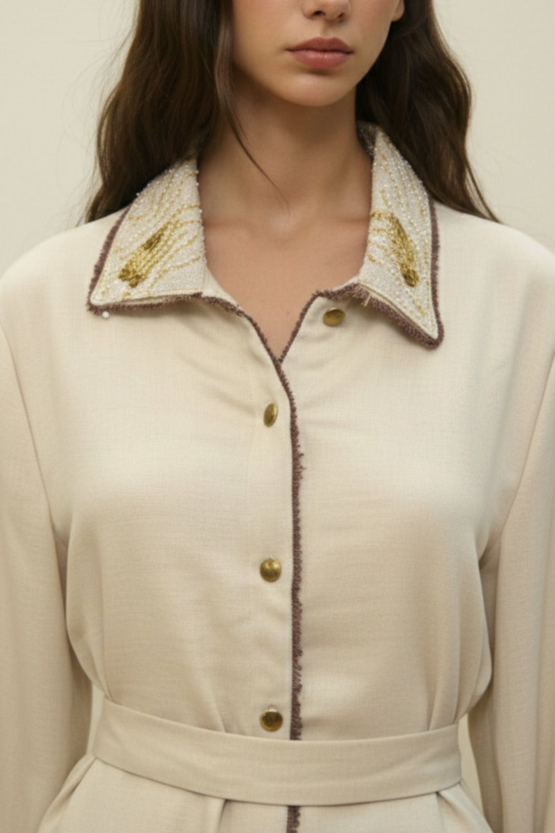 Ivory Embellished Collar Belted Co-ord Set