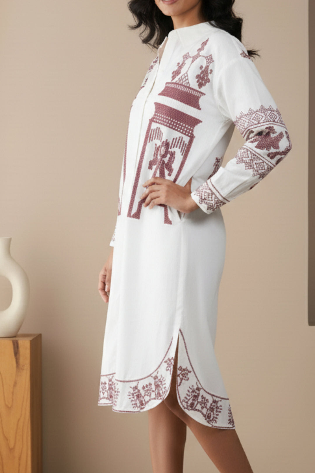 Red Sindhi Thread Work Cotton Linen Dress