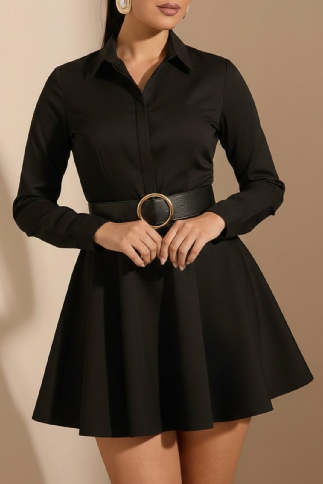Black Belted White Overlay Shirt Dress