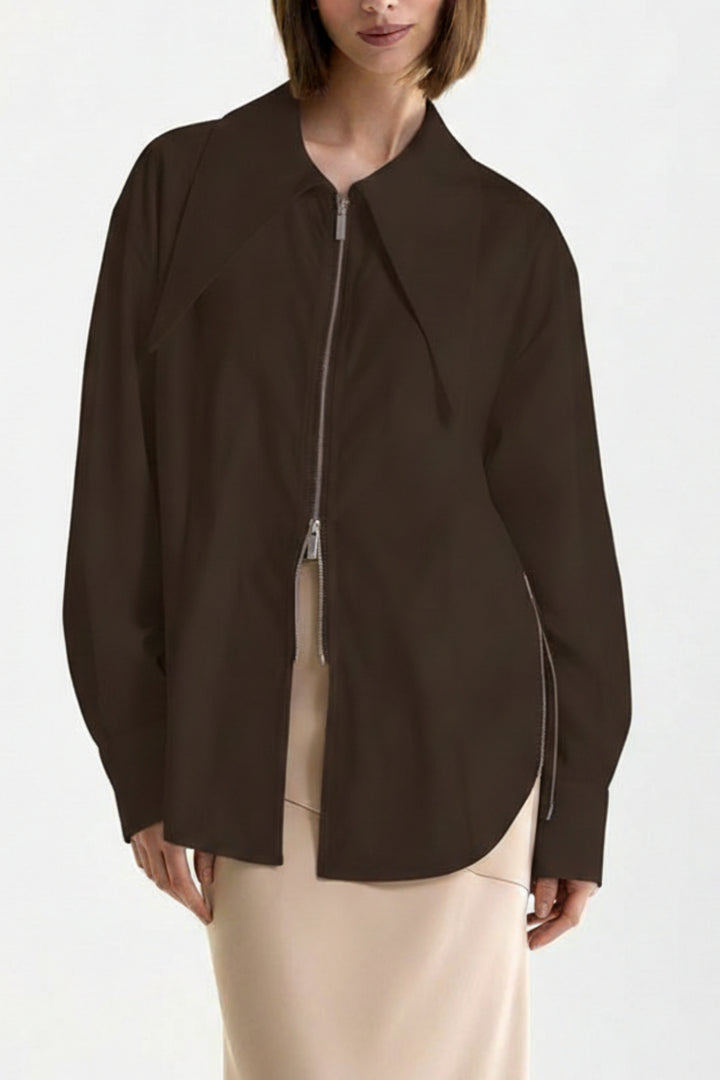 Wide-Lapel Espresso Zip Utility Shirt