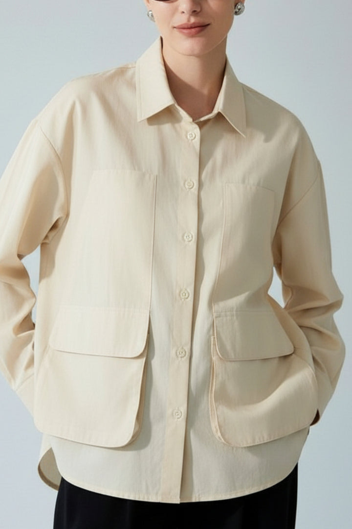 Cream Cotton Shirt With Patch Pockets