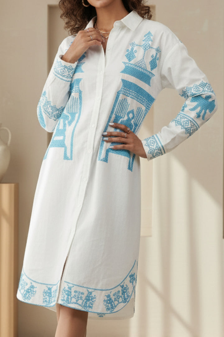 Blue Sindhi Thread Work Cotton Linen Dress