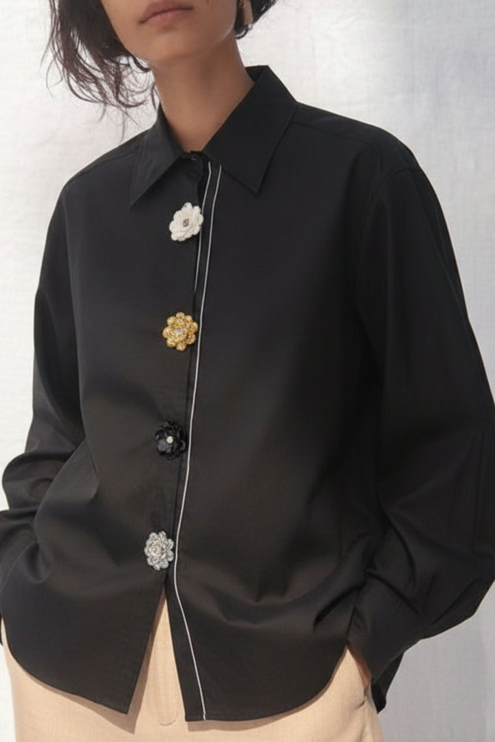 Black Luxe Flower Button Shirt