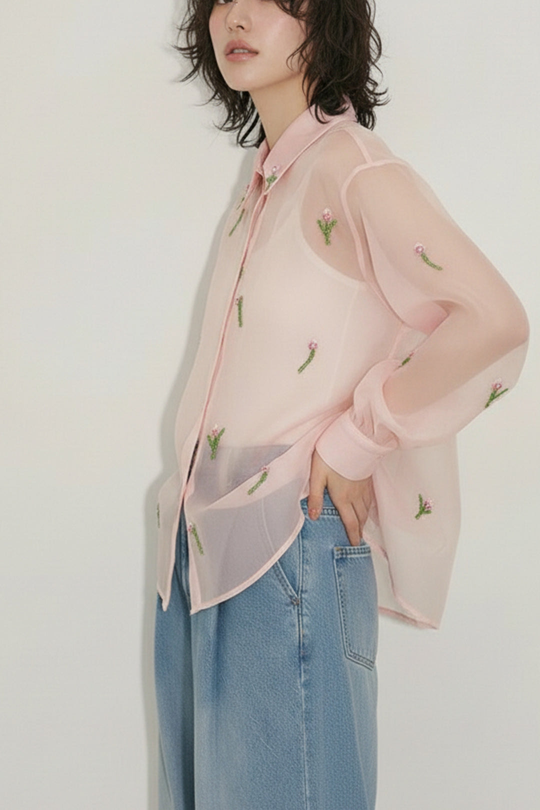 Pink Tissue Organza Embroidered Shirt