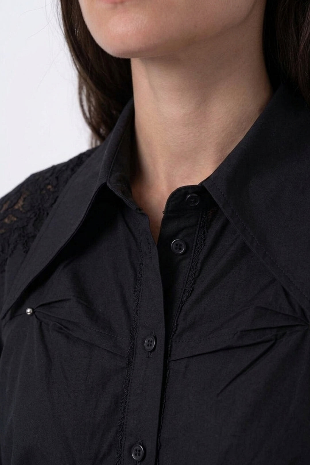 Black Lace Detail Studded Collar Shirt