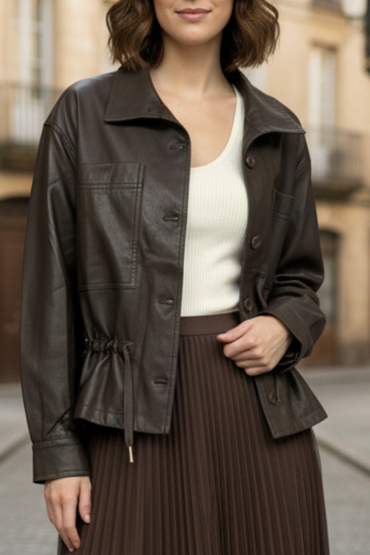 Mocha Drawstring Faux Leather Jacket