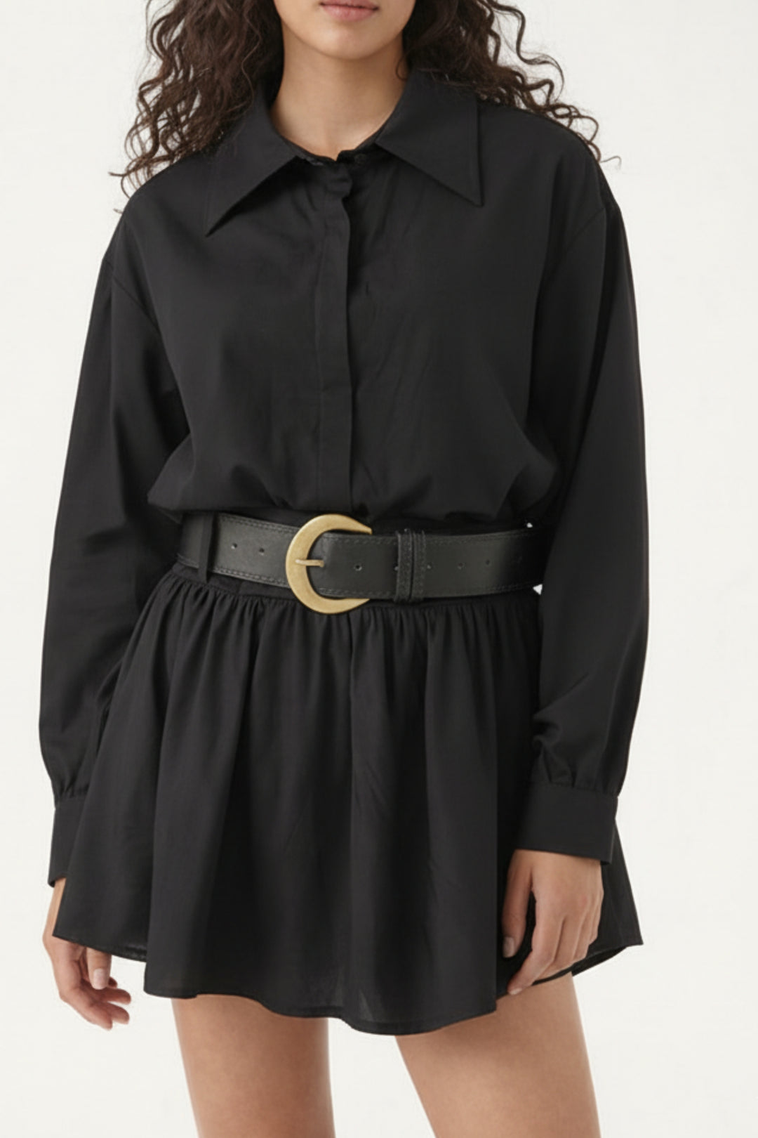 Black Belted White Overlay Shirt Dress