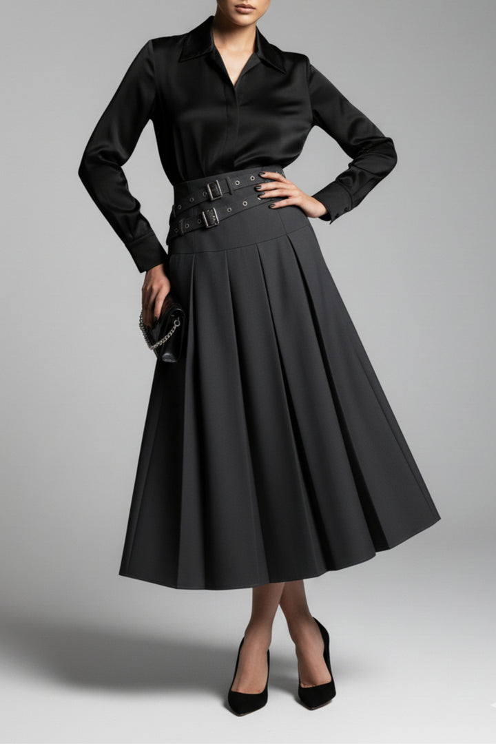 Gray Dual Belt Pleat Skirt