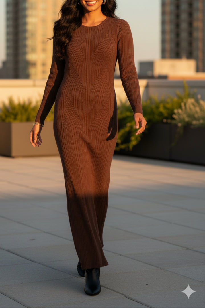 Brown Knit Full Sleeve Maxi Dress