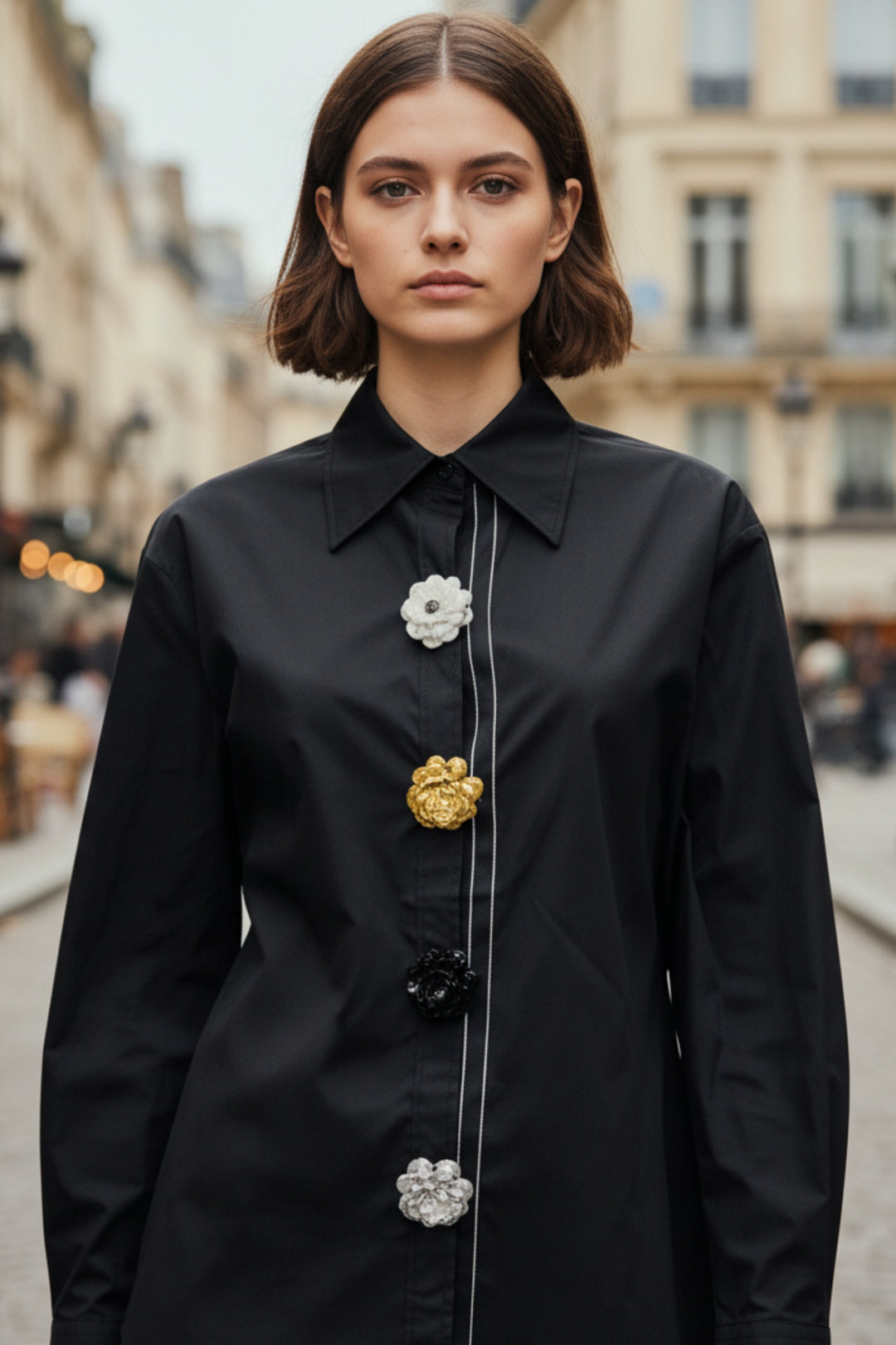 Black Luxe Flower Button Shirt