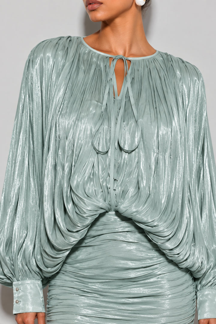 Mint Ruched Balloon Sleeve Dress
