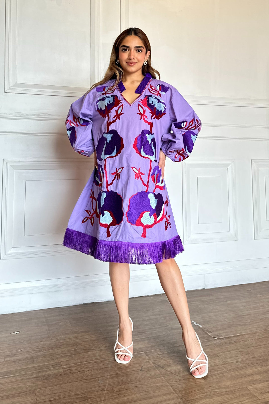 Purple Pleated Collar Embroidered Cotton Dress