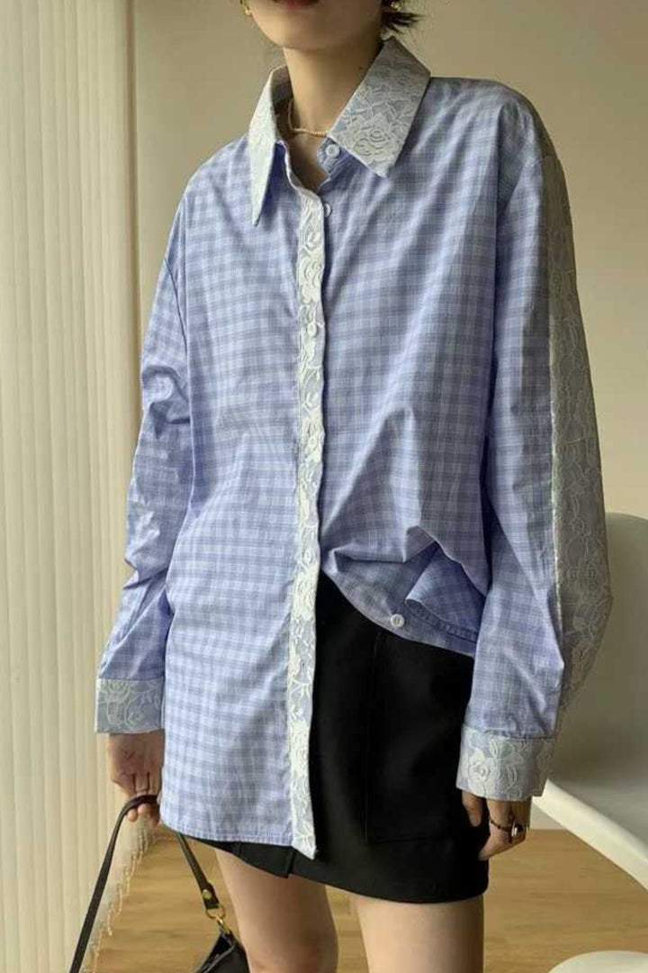 Powder Blue Check Floral Lace Shirt
