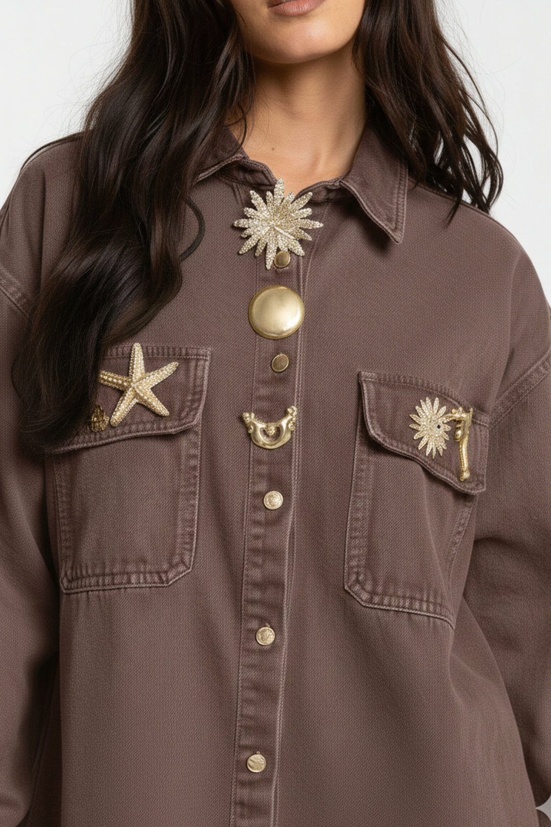Cocoa Brown Celestial Patch Denim Shirt