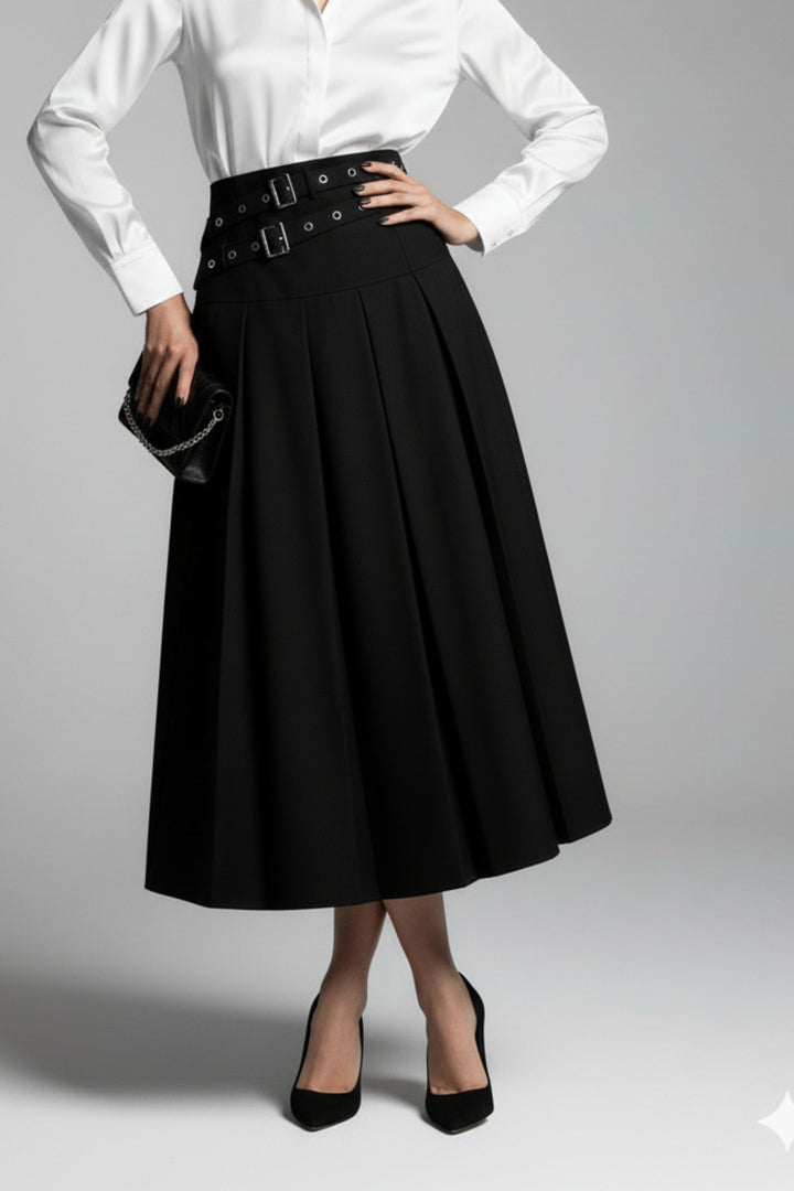 Black Dual Belt Pleat Skirt