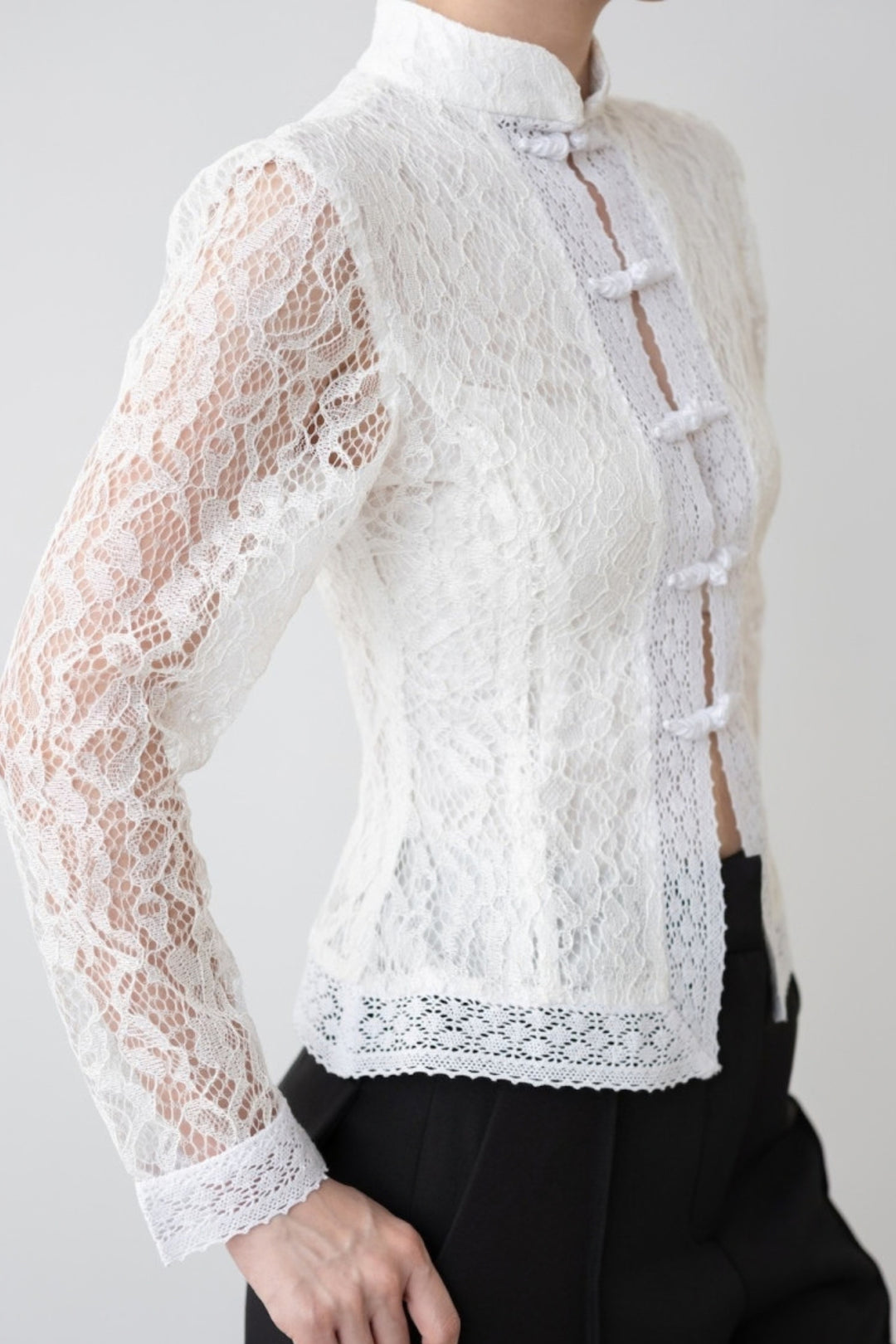 Mandarin Neck White Lace Top