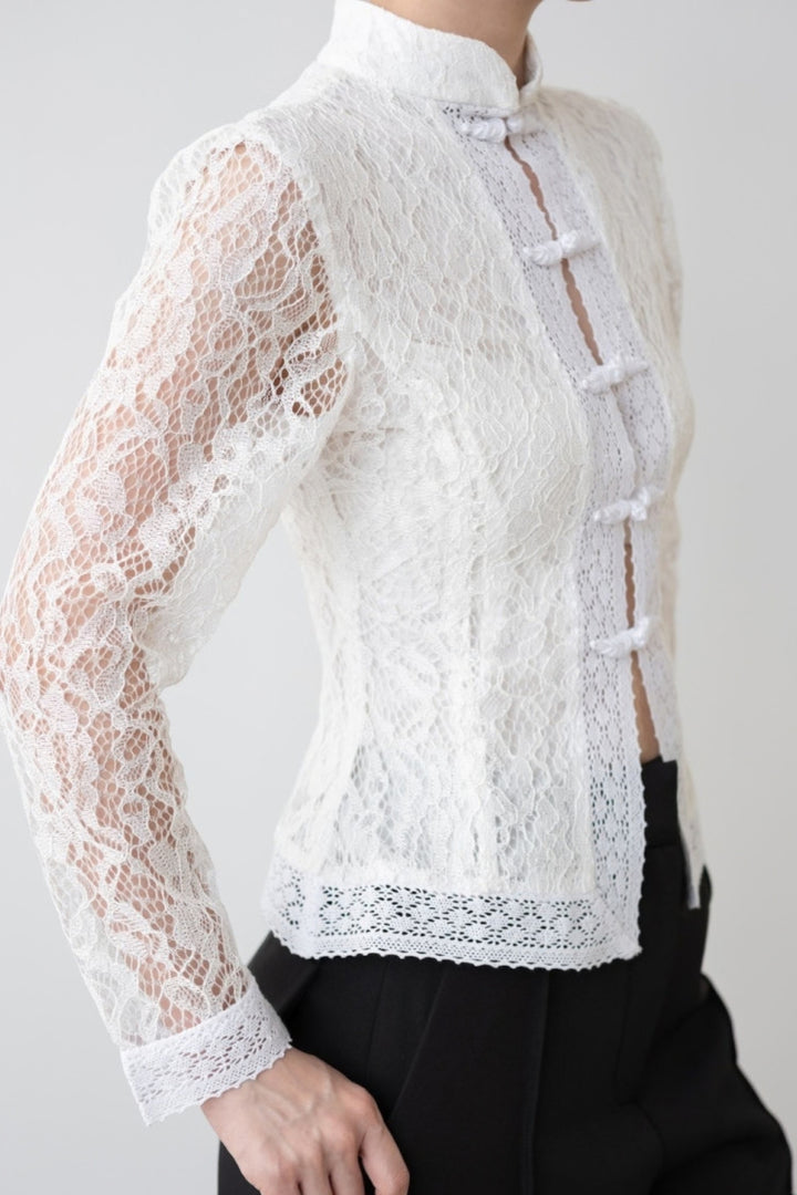 Mandarin Neck White Lace Top
