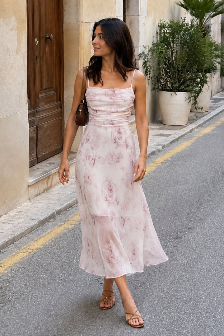 Blush Pink Floral Strappy Midi Dress