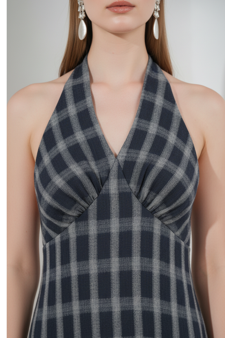 Blue Plaid Tie-Back Maxi Dress