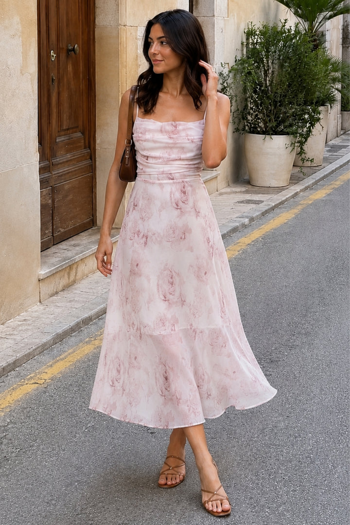 Blush Pink Floral Strappy Midi Dress