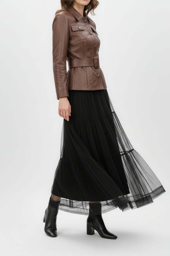 Brown Mist Leather Shirt & Mesh Skirt Co-ord Set